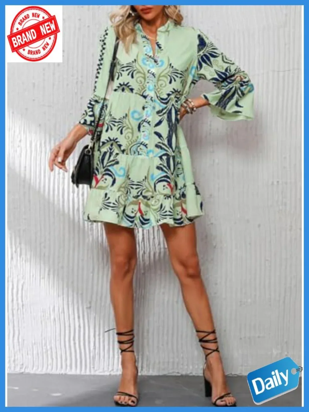 Flowy Ruffle 3/4 Sleeve V Neck Tiered Casual Babydoll Boho Beach Mini Dress